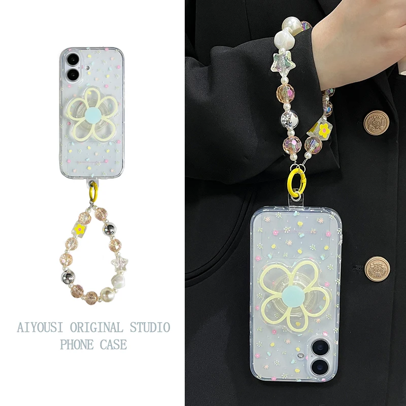 

Colorful Crushed Stereoscopic Yellow Flower Stand for Apple 13pro Phone Case 15promax Handheld Chain iPhone16pro Drop Protection