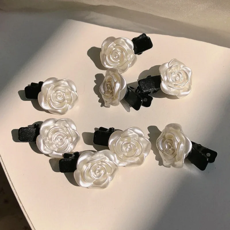 Fashion New Vintage White Roses Hair Clips Coiled  Camellia Flower Headdress Bangs Clip Girl  Accessories for Women