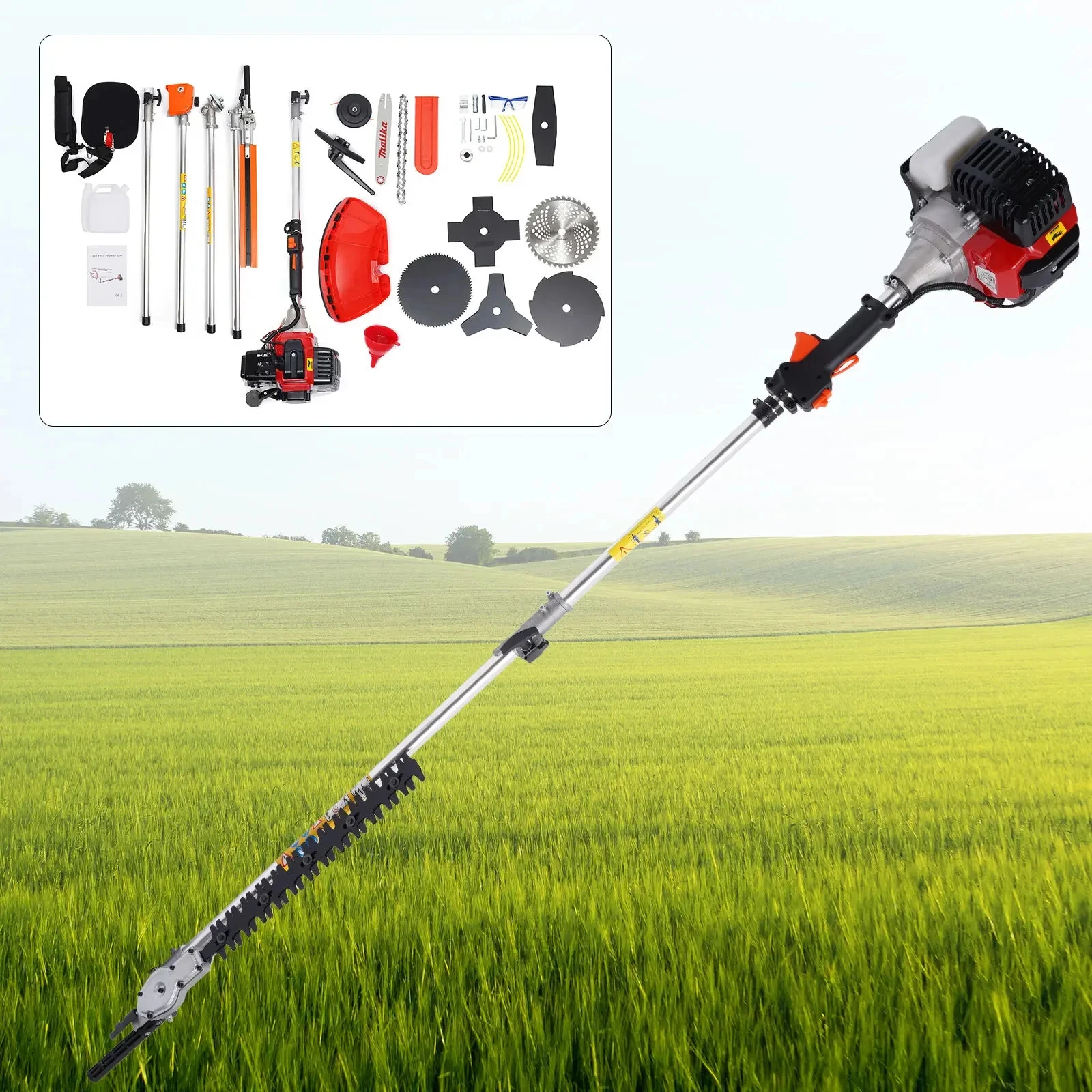 For 52cc 2Stroke Hedge Strimmer Gasoline Brush Cutter Grass Wacker Weed Eater Lawn Mower Yard Pruner 10 In 1