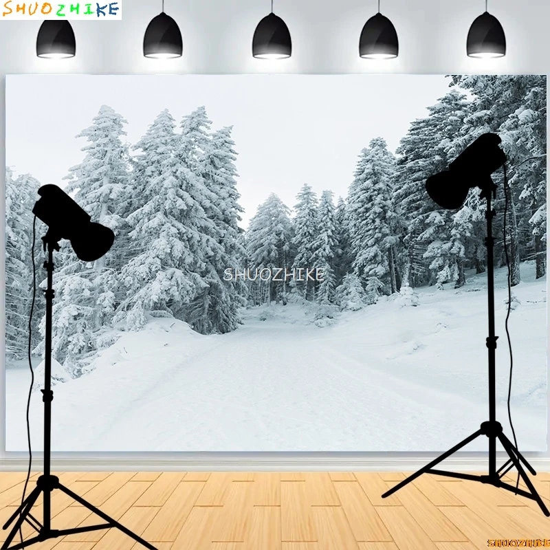 Winter Forest Snowcovered Road Photography Backdrops Blurred Landscape Snowflakes Road Spruce Trees Photo Background XD-10