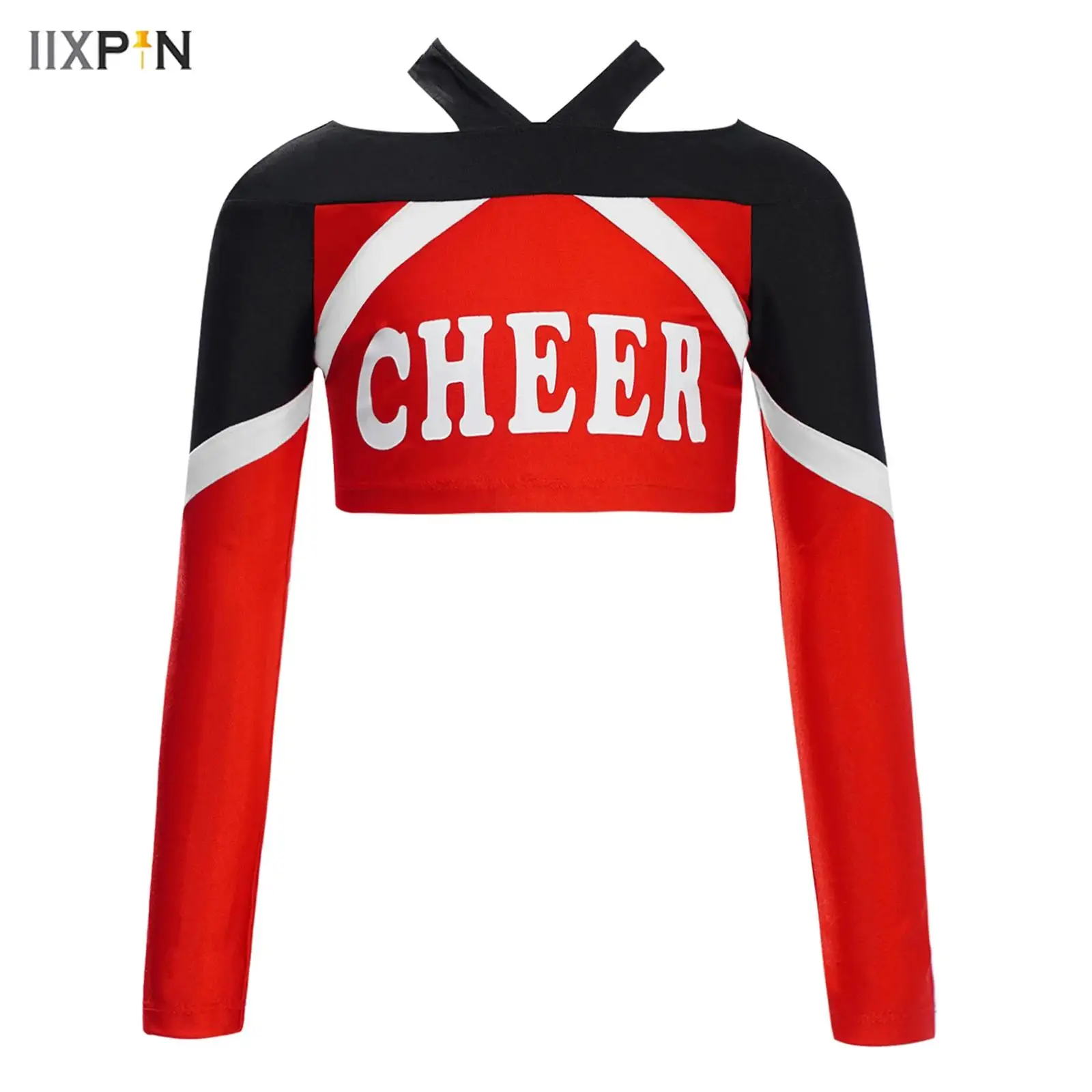 

Kids Girls gymnastics Dance Top Cheerleading Performance Costume Long Sleeve Letter Print Color Block Crop Top for School Show
