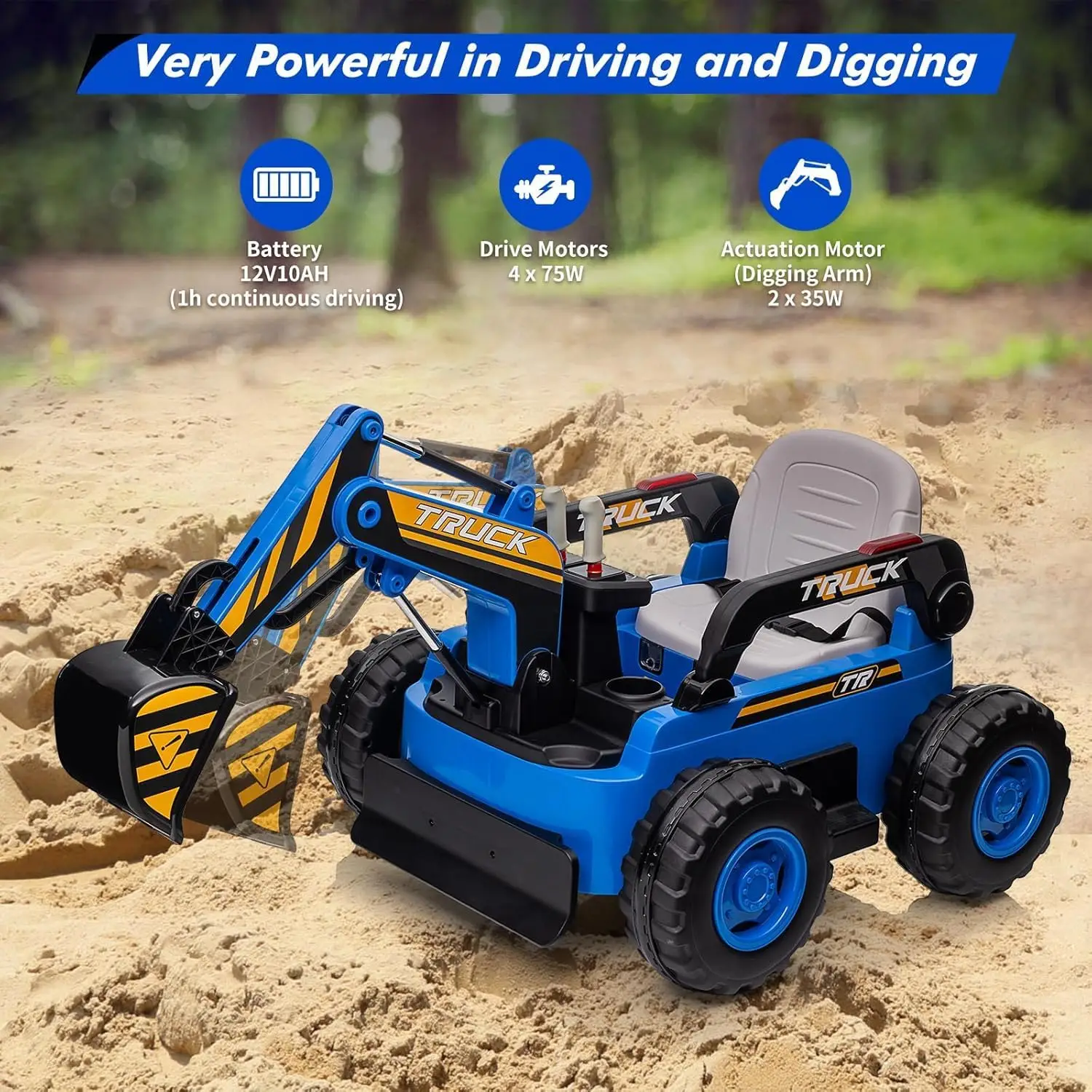 12V Kids Ride-On Excavator Digger Car Remote Control Electric Digging Arm,Dual 35W Motors,10Ah Large Battery,4x75W Driving Motor