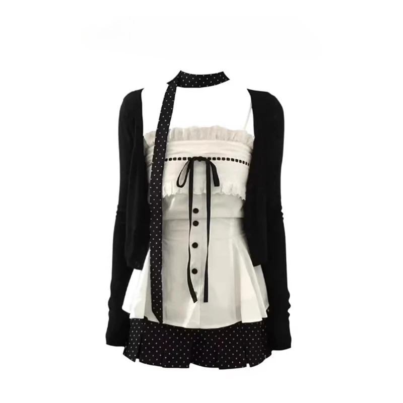 

Женский элегантный комплект из 3 предметов: кардиган, сексуальный топ на бретелях и мини-юбка в горошек с высокой талией в стиле Y2K