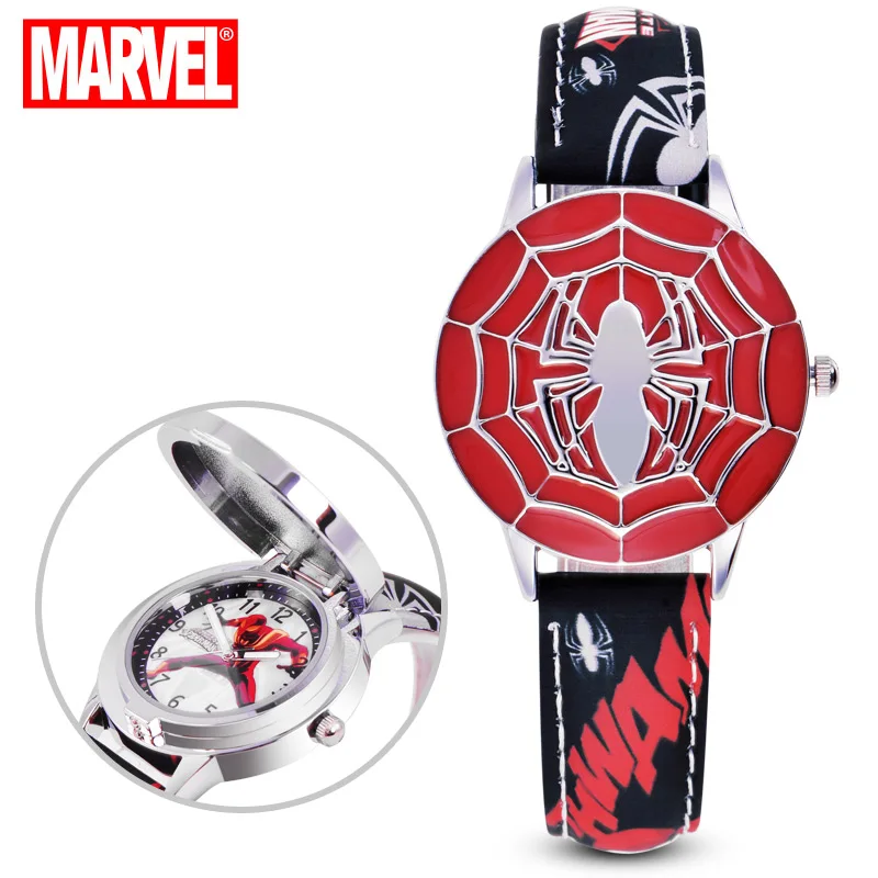 Disney Spiderman Jam Tangan Anak-anak Jam Tangan Anak-anak Captain America Ironman Jam Tangan Quartz Kulit Flip Case Logam Hadiah Jam Anak Laki-laki