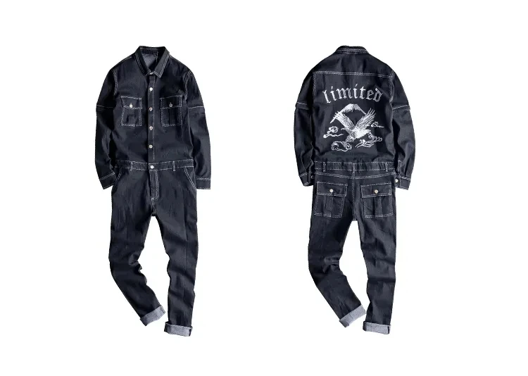 

Men's embroidery long detachable sleeve black denim jumpsuits Casual embroidered pockets cargo jeans Overalls pants