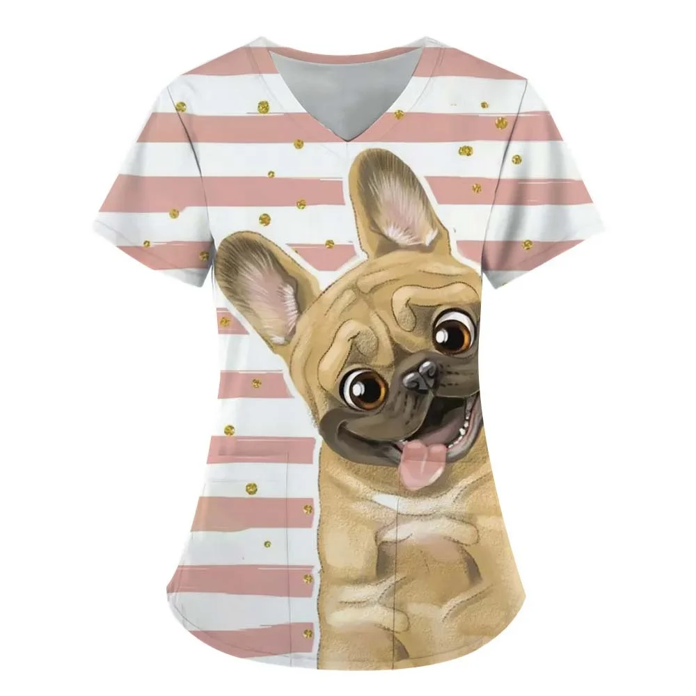 2025 Summer Women's Top Cute Cartoon Animal Dog 3D Print V-Neck T-shirt Casual Daily Nurse Uniform Style Fashion Short Sleeve