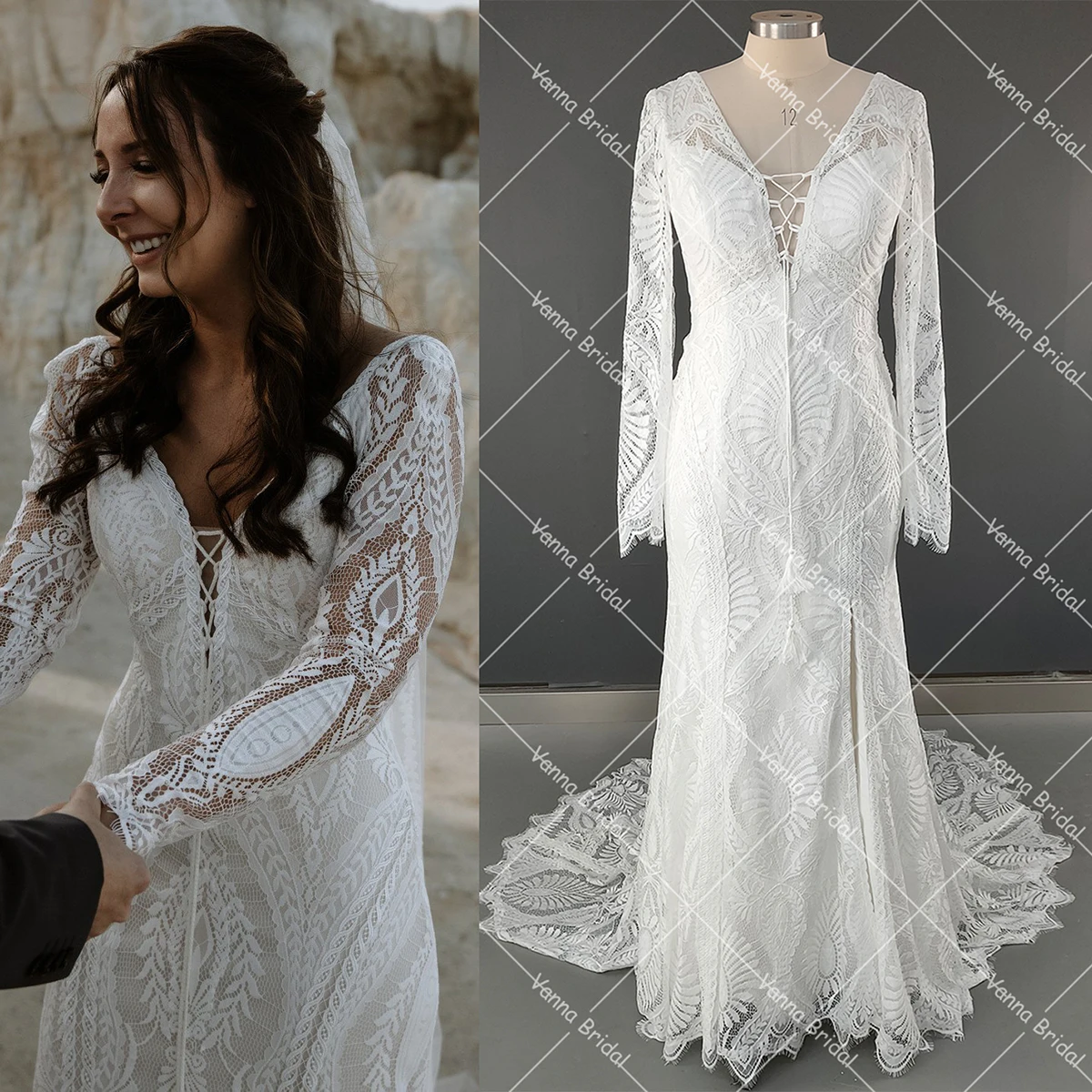 V Neck Mermaid Allover Lace Wedding Dress Customized High Split Backless Open Back Long Sleeves Scalloped Hem Bridal Gowns