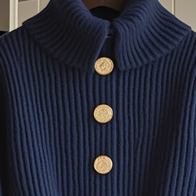 Women Korean Chic Lazy Wind Unique Chic Beautiful Top 2025 Winter Female High Sense Super Good-looking Navy Blue Knitted Sweater