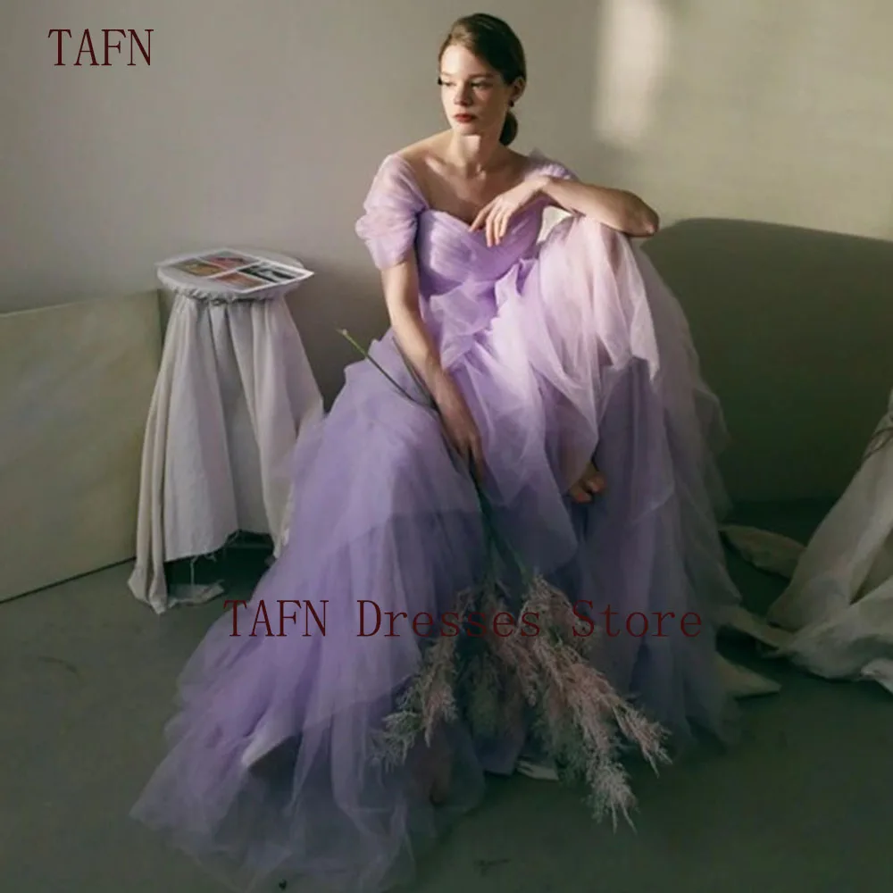 

TAFN Purple Tiered Tulle Wedding Dresses A-line Off the Shoulder Sweep Train Bridal Gown Custom Made Korea Photo Shoot