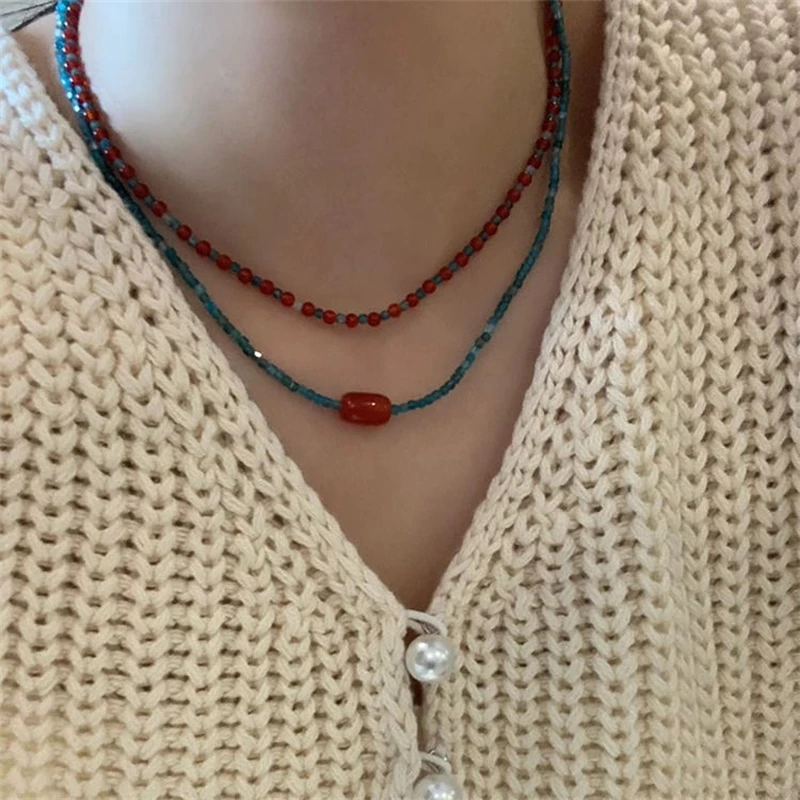 Retro Red Blue Contrast Colorful Natural Stone Cubes Beaded Necklace for Women Wholesale Beads Strand Chokers Aesthetic Jewelry