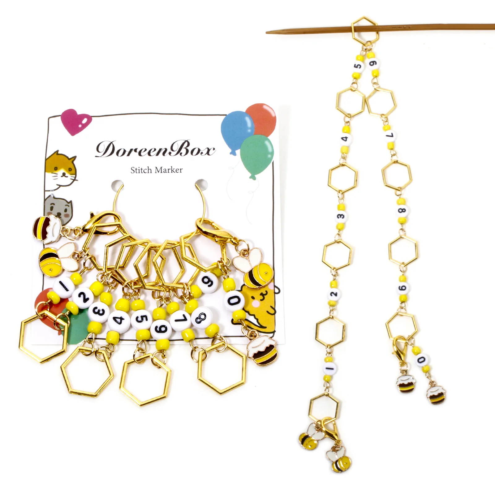 1 Set Knitting Stitch Markers Knitting Row Counter Chain Bee Number Acrylic Bead Gold Color Enamel for Knitting Crochet Tracking