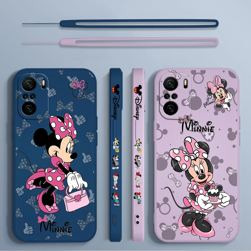 Disney Cute Minnie Pink For Xiaomi Redmi Note 13 12 12Pro 11 11S 11T 10S 10 Pro Plus Liquid Left Rope 5G Phone Case