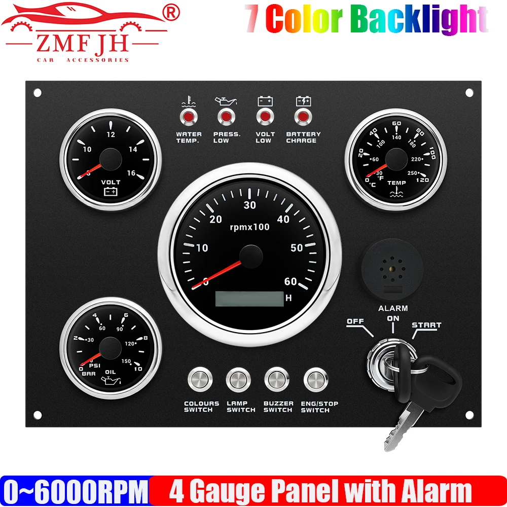 ZMFJH Auto Car Instrument Panel 7 Color LED 4 Gauge Set with Buzzer Alarm Key Tachometer Water Temp Oil Pressure Voltmeter 12V