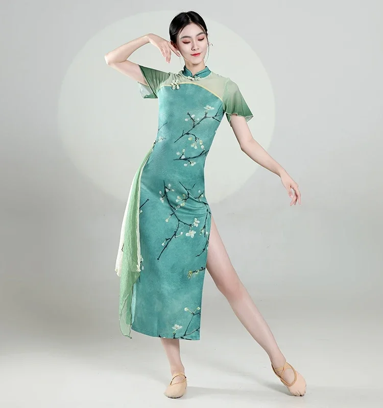 Cheongsam Dance Clothes Performance Clothes Classical Dance Costumes Women's Split Stretchy Chinese Style Practice Outfits