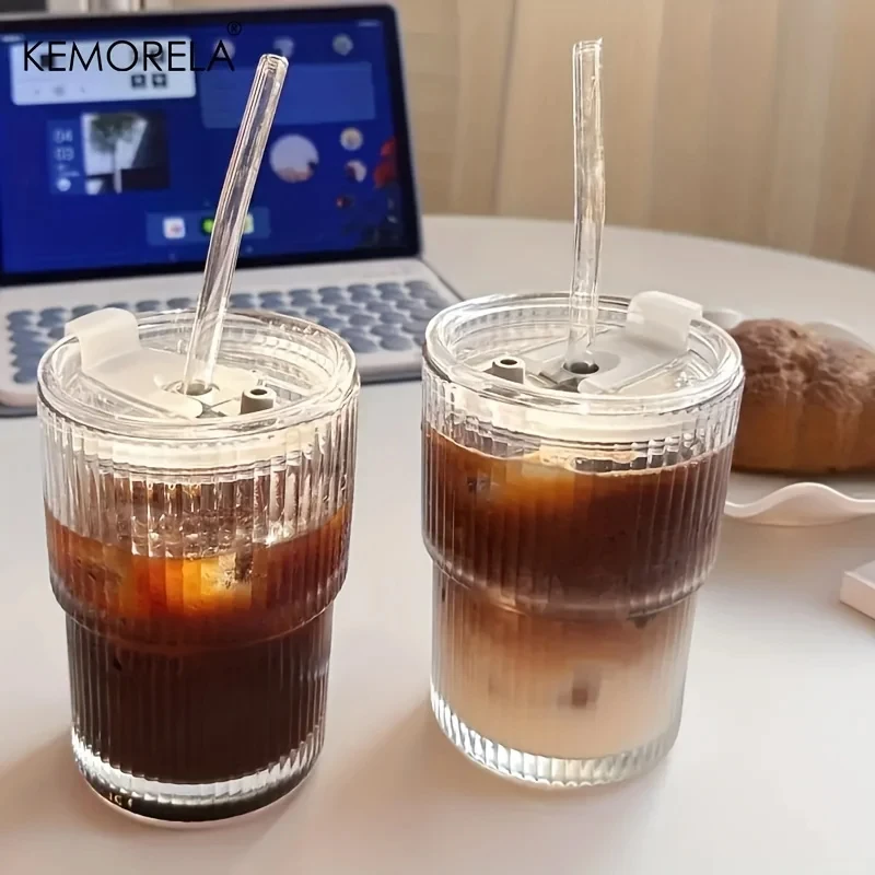 450ml Stripe Glass Cup Transparent Glasses With Lid and Straw Coffee Mug Tea Cup Whisky Glass Milk Water Cup 1/2PCS Drinkware