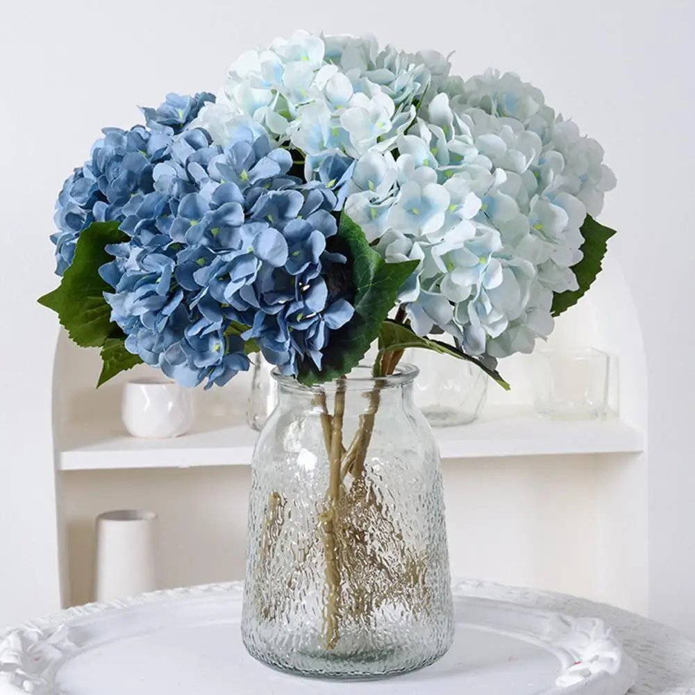 Artificial Hydrangea with Green Leaves Realistic Fake Flower for Wedding Home Office Table Centerpiece Faux Floral Branch Flower