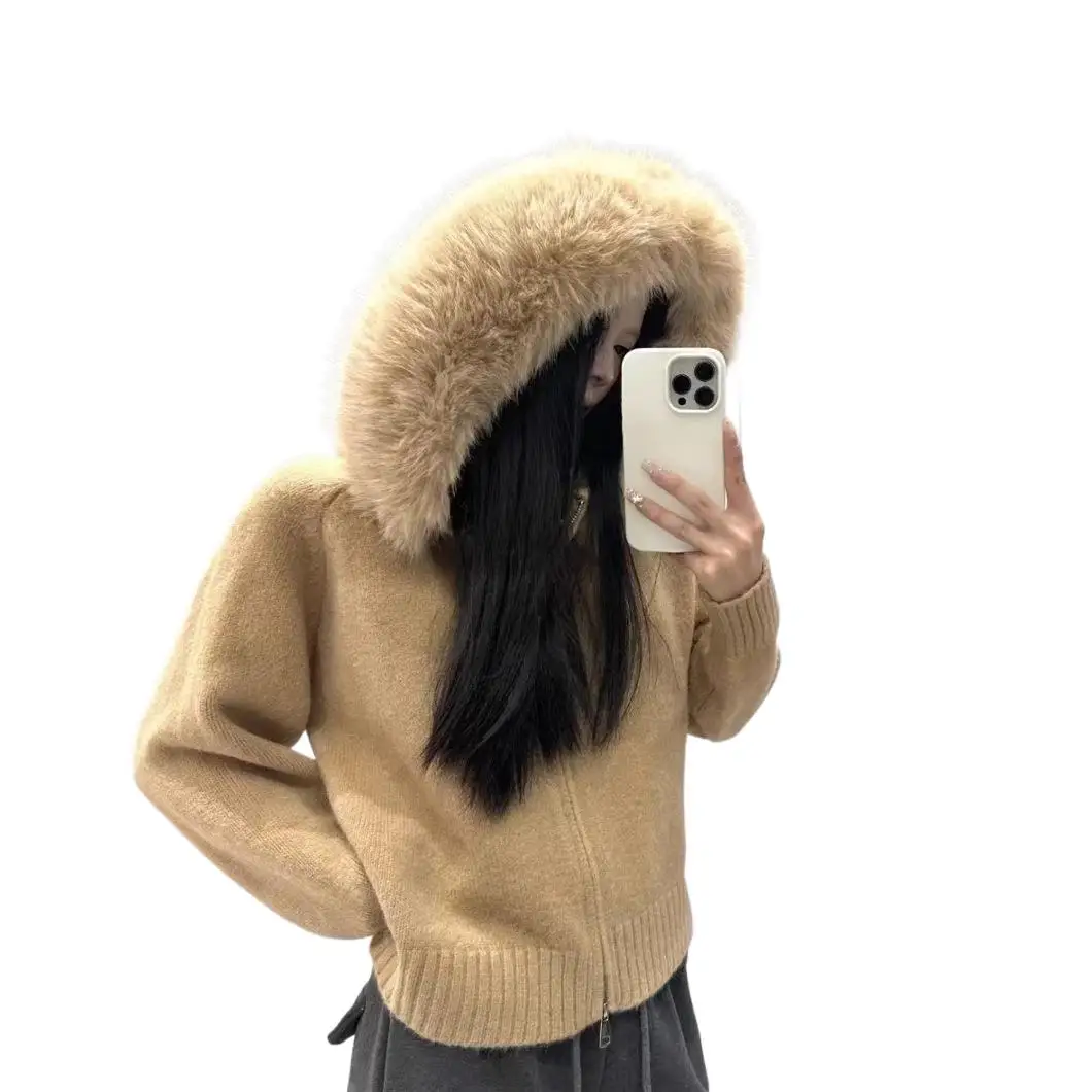 

Jacket Overcoats Women Loose Sweater With Fur Collar Coats Fashion Zip Up Knitwear Cardigan