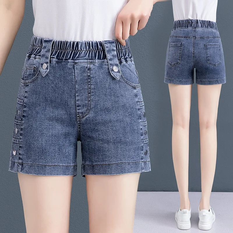 2024 Summer New High Waist Large Size Denim Shorts Korean Edition Slimming Elastic Wide Leg Pants