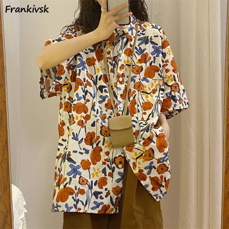 

Loose Shirts Women Floral Tops Summer Half Sleeve Fashion All-match Korean Style Retro Streetwear Elegant Leisure Daily College