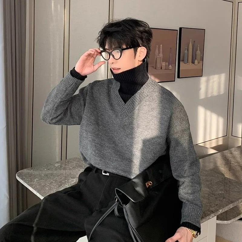 وهمية قطعتين كسول نمط المتناقضة الياقة المدورة سترة الرجال الخريف والشتاء الكورية نمط قاع قميص قمة الموضة غير رسمية #4