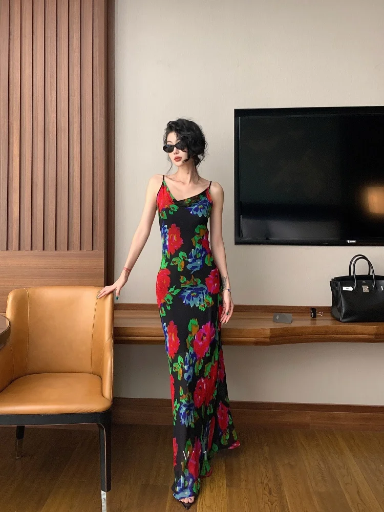 

Dongniwow13 Spring Summer New Retro Print Silk Strapless Dress Sexy Slim Fit Long Dress Vacation Style Elegant Women's Dress