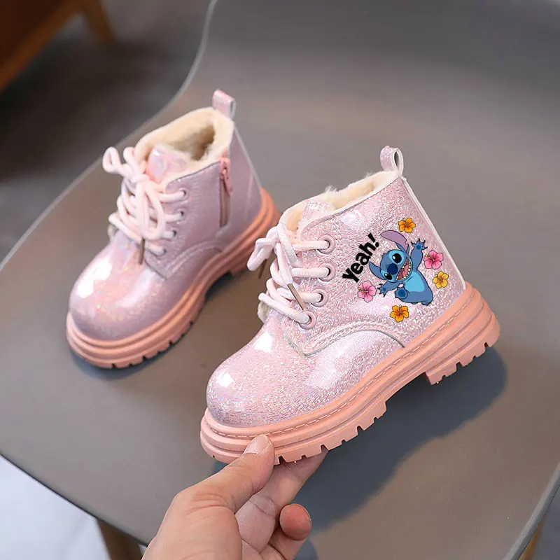 Boy Stitch Boots Winter Kids Plus Plush Snow Boots Girls Cartoon Print Warm Non-slip Flat Bottom Shoes Sneakers Size 21-30