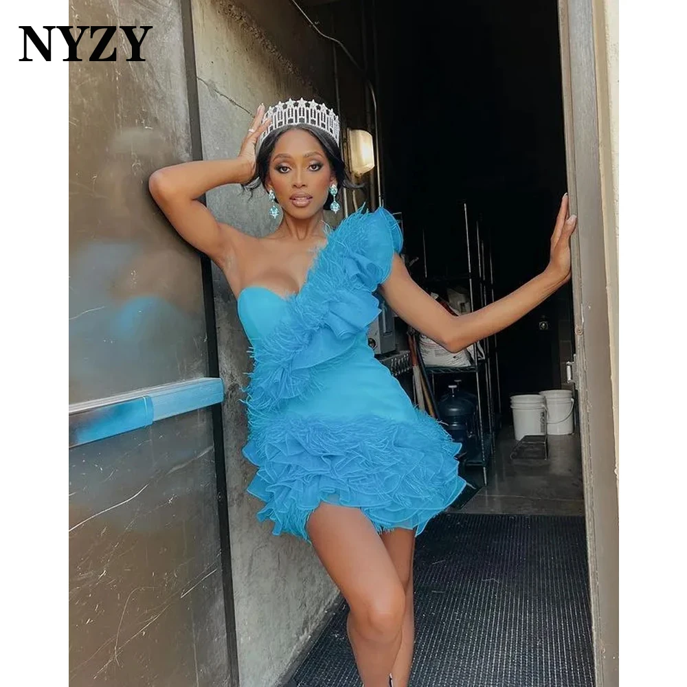 

NYZY P162 Custom Made Organza Ruffles One-shoulder Feather Prom Dresses Short Party Cocktail Evening Gowns