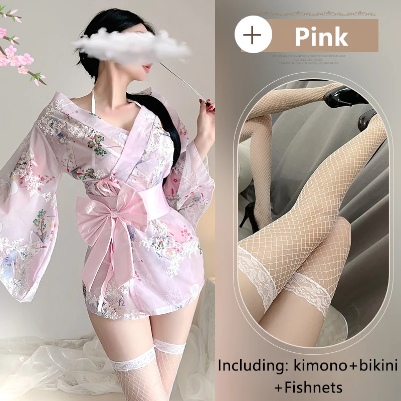 Erotic Women\'s Kimono Bikini Uniform Fishnets Set Sexy Embroidered Mesh Transparent Dancer Pajamas Chiffon Bow Waistband Kimono