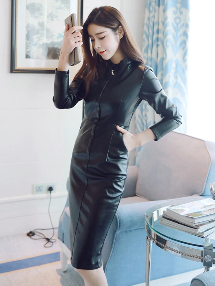 2023 Women Midi Dress Classic Elegant PU Leather Black Robe Zipper Long Sleeve Pockets Wrap Hip Clothes Office Street Vestidos