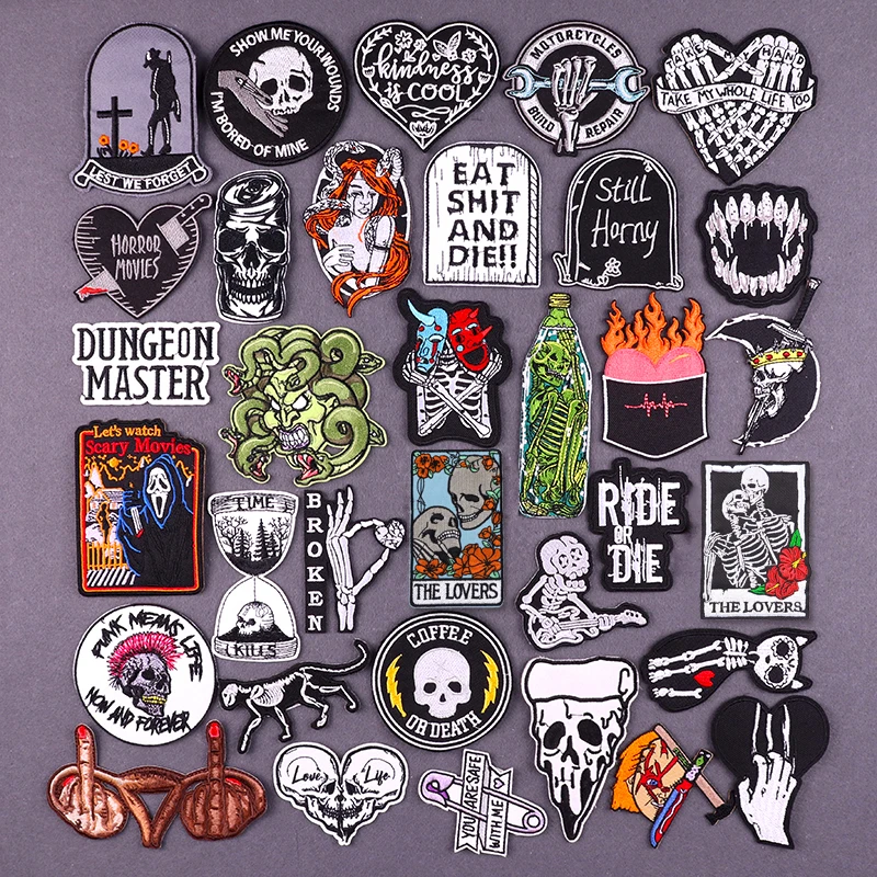 Black Humor Fairy Tale Embroidered Patches For Clothing Thermoadhesive Patches Punk Skull Stickers Iron On Patches On Clothes