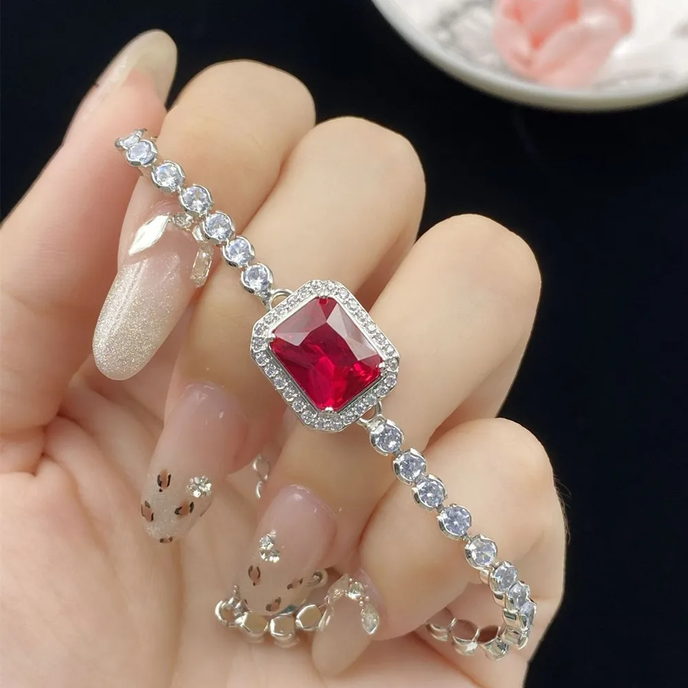 Elegant Gemstones Chain Bracelets for Women Square Ruby Red Diamonds Dinner Party Jewelry Bijoux Chic Accessory Birthday Gifts