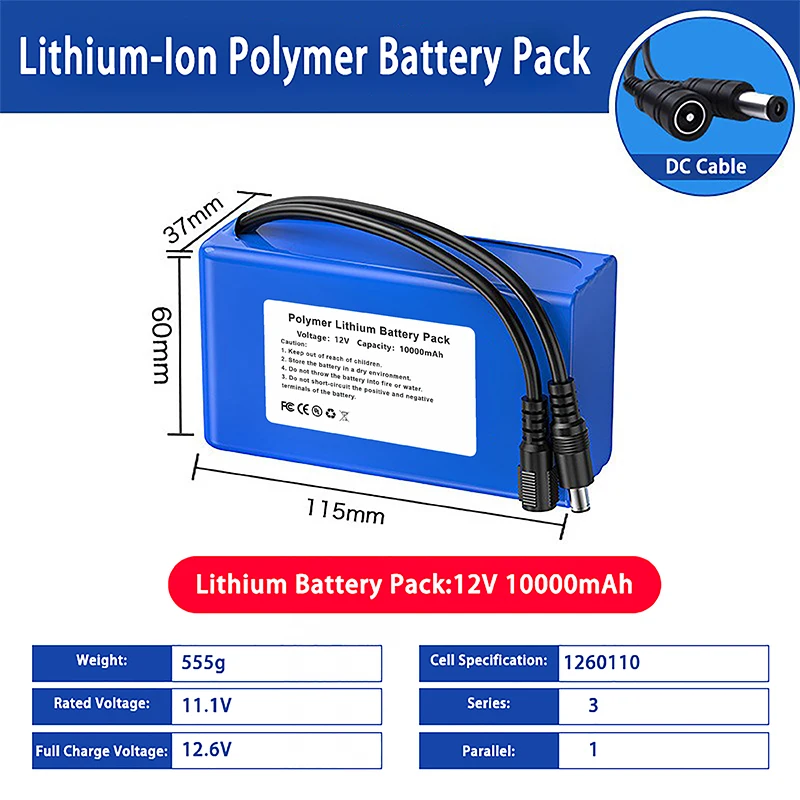 

12V 10000mAh Lithium Polymer Battery Pack 3S1P 1260110 Rechargeable Pack for LED Lighting, Solar Energy, DIY Projects