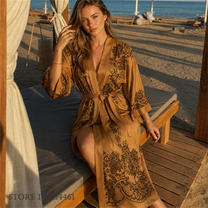 Fashion Printed Women's Robe Long Kimono Bathrobe Gown Sexy Print Flower Sleepwear Nightygown Beach Bikini Outerwear Cardigan