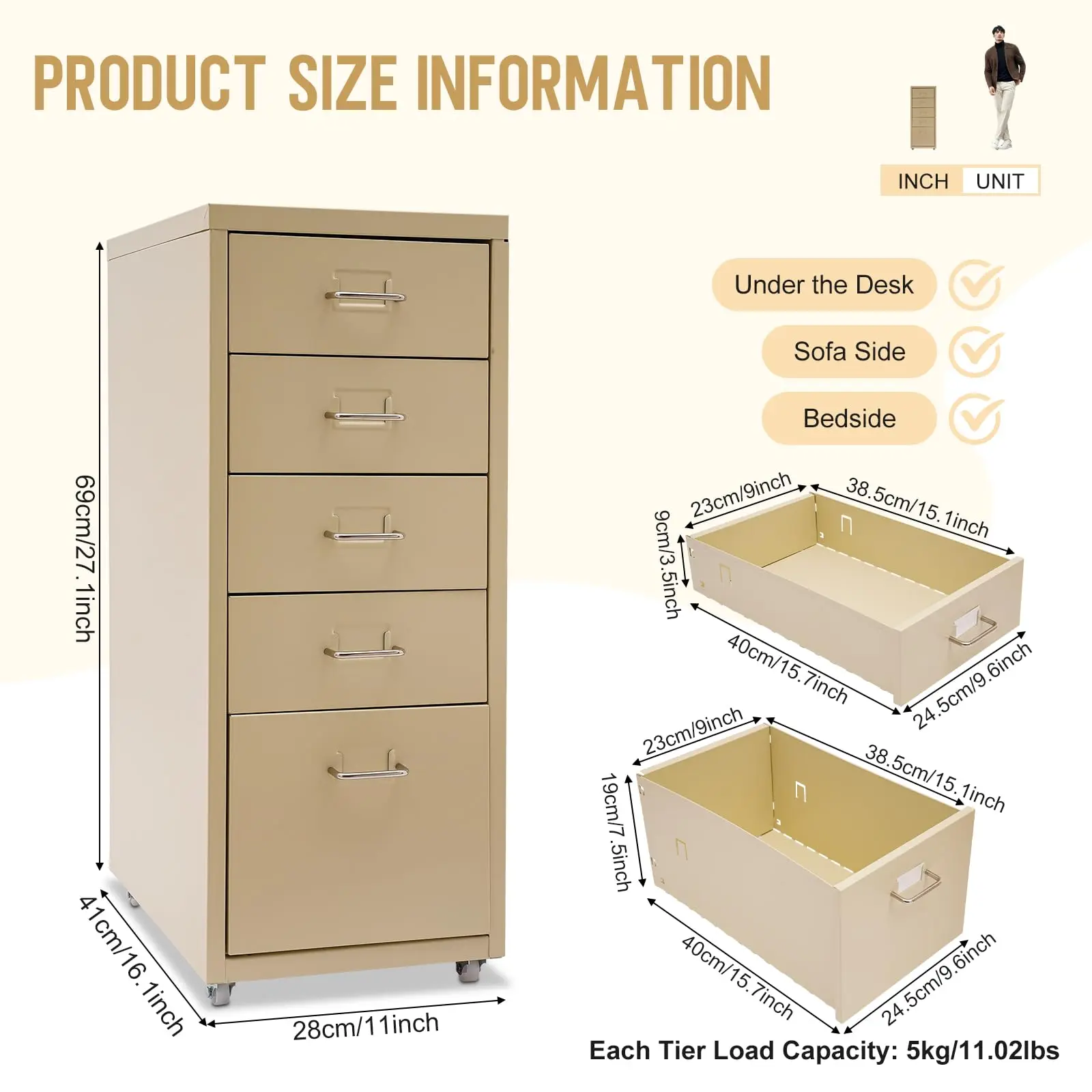 خزانة تخزين الملفات المعدنية، 5 أدراج تحت خزائن الملفات المكتبية بعجلات، أثاث المكاتب المنزلية المتنقلة لـ A4 Legal/Letter Si