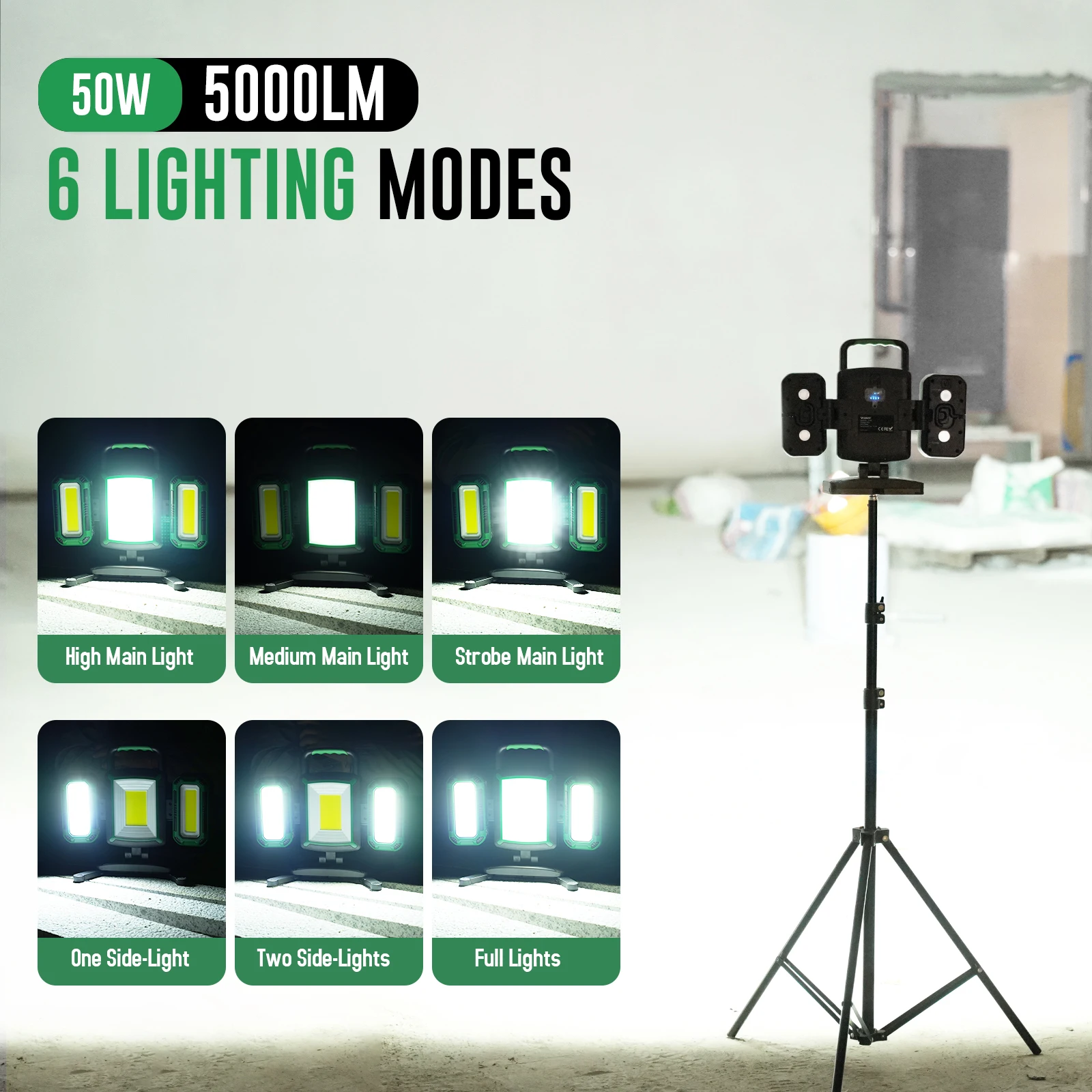 ضوء عمل قابل لإعادة الشحن 50 وات، ضوء عمل مغناطيسي 3 في 1 مع مصباحين كاشفين قابلين للفصل، 9 أوضاع، مصباح عمل LED محمول مع خطافات #3