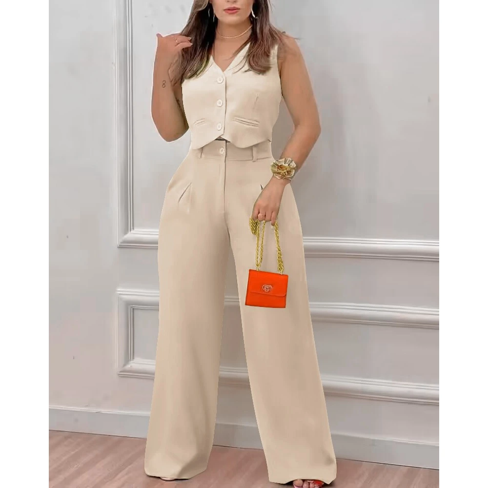 Women's Summer Solid Color Sleeveless Buttoned Crop Cami Top & Wide Leg Pants Set Femme Two Piece Sets Business Attire for Women