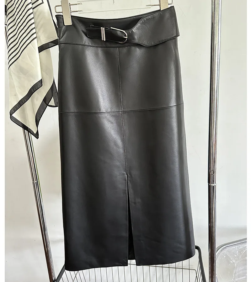 Brand New 2023 Autumn Winter OL High-rise Pencil-skirt Fashion Women High Quality Elegant Genuine Leather Skirts C478