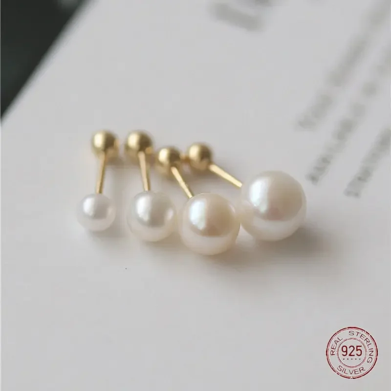 925 Sterling Silver Geometry Pearl Stud Earrings for Women Advanced Ornament Round Ball Earring Wedding Bride Piercing Jewelry