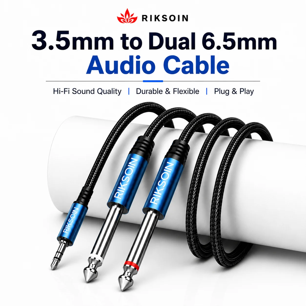 Riksoin 3.5mm to Dual 6.5mm Audio Cable Stereo Y Splitter AUX Cord for Phone Laptop Mixer Amplifier Speaker Home Studio DJ Setup