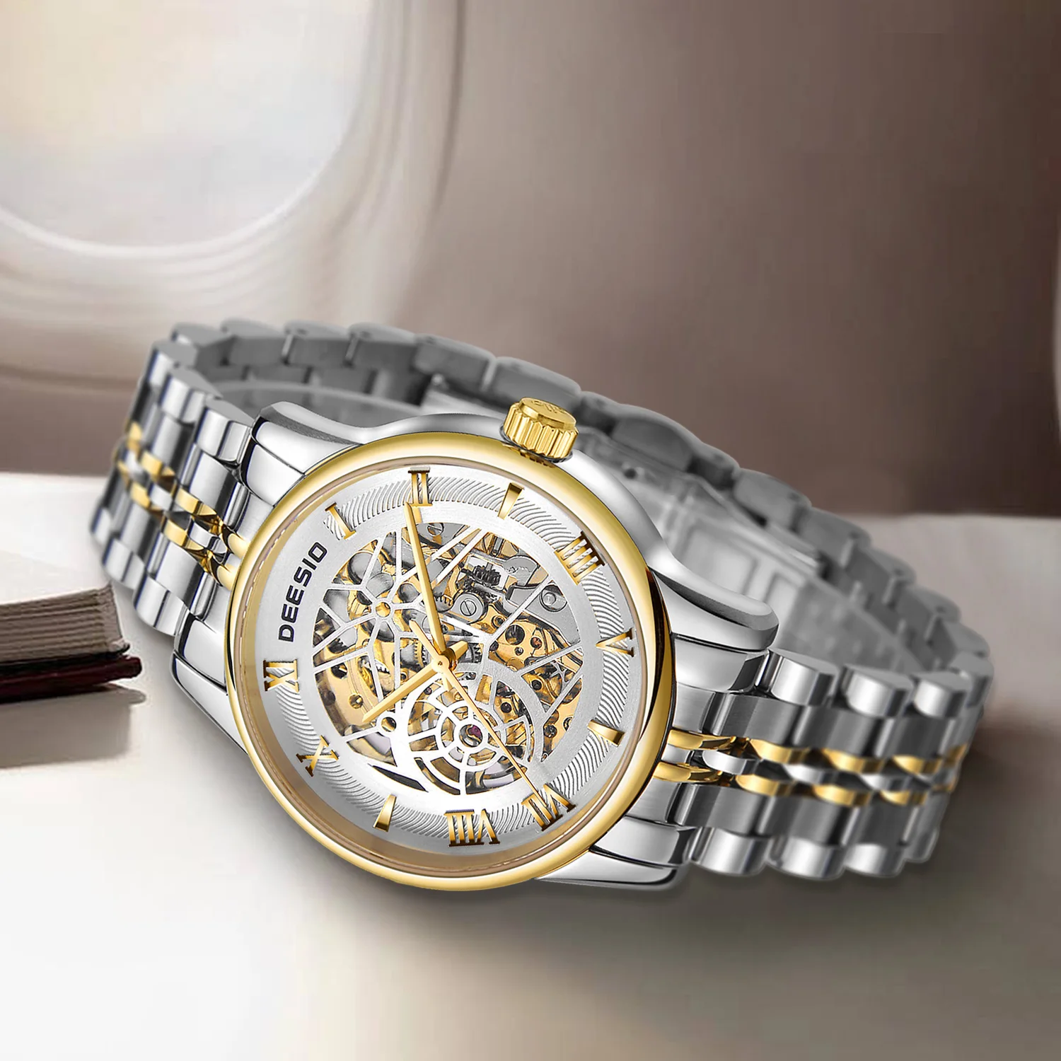 Deesio Mens Automatic Movement Skeleton Watch Luxury Business Stainless Steel Mechanical Wristwatch Water Resistant Watch Y2k