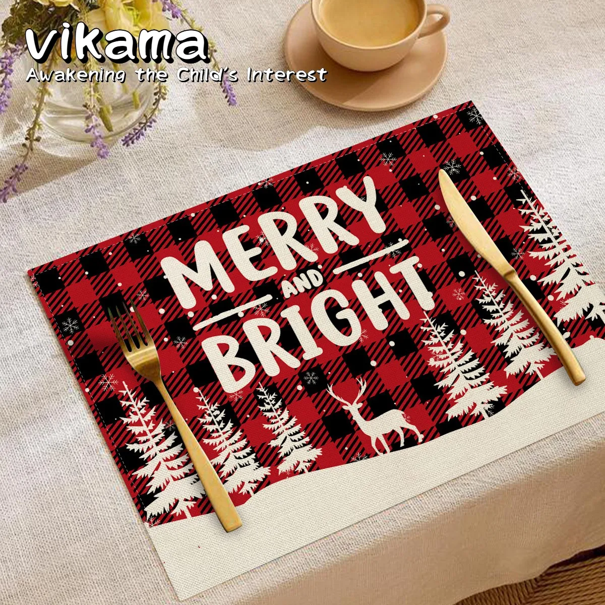 

VIKAMA Christmas Placemats Plaid Print Placemats Christmas Tablecloth Holiday Table Decor Christmas Party Home Decor