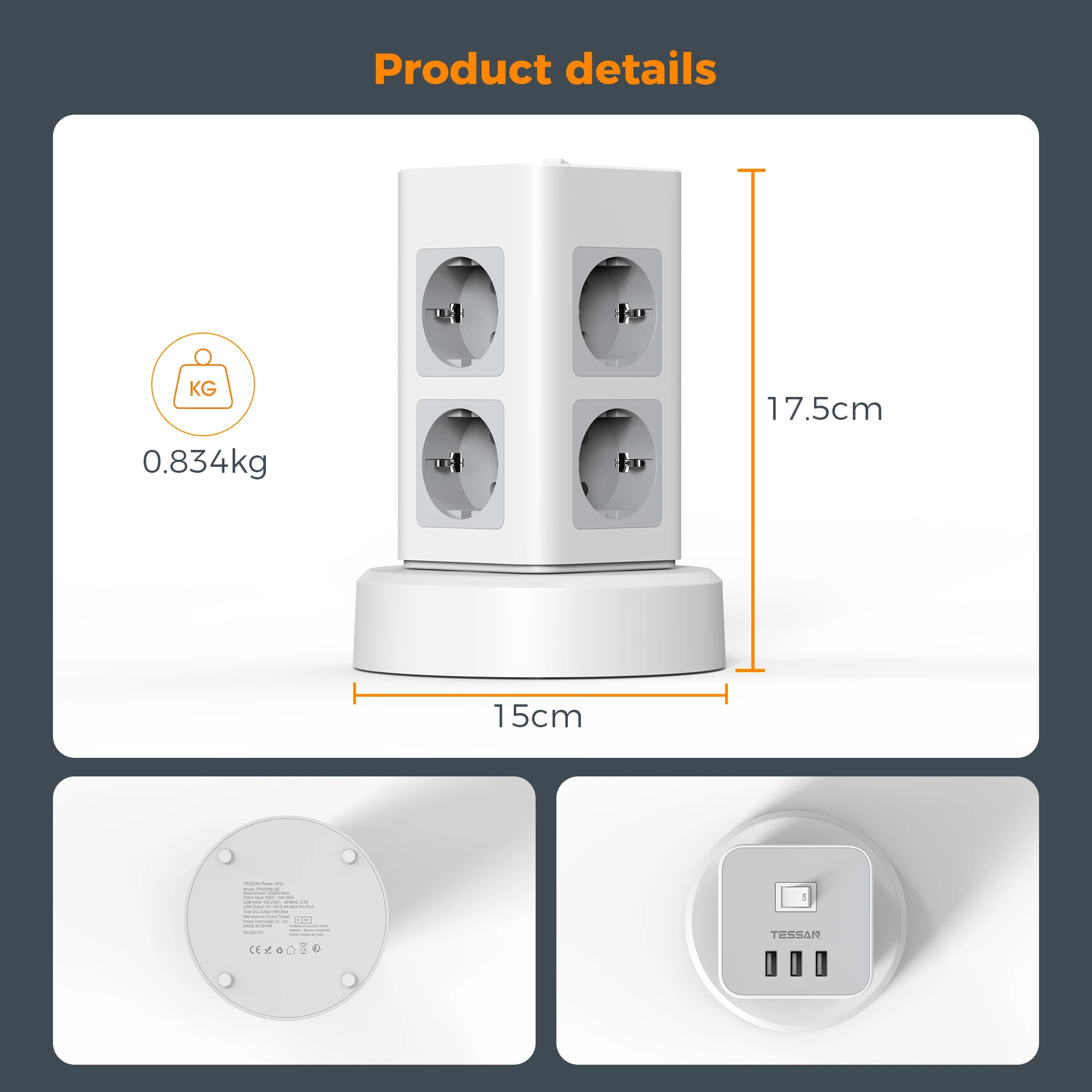 TESSAN Vertical Power Strip Multi Outlets with USB 2M Retractable Extension Cord EU Plug Tower Electric Socket Surge Protection