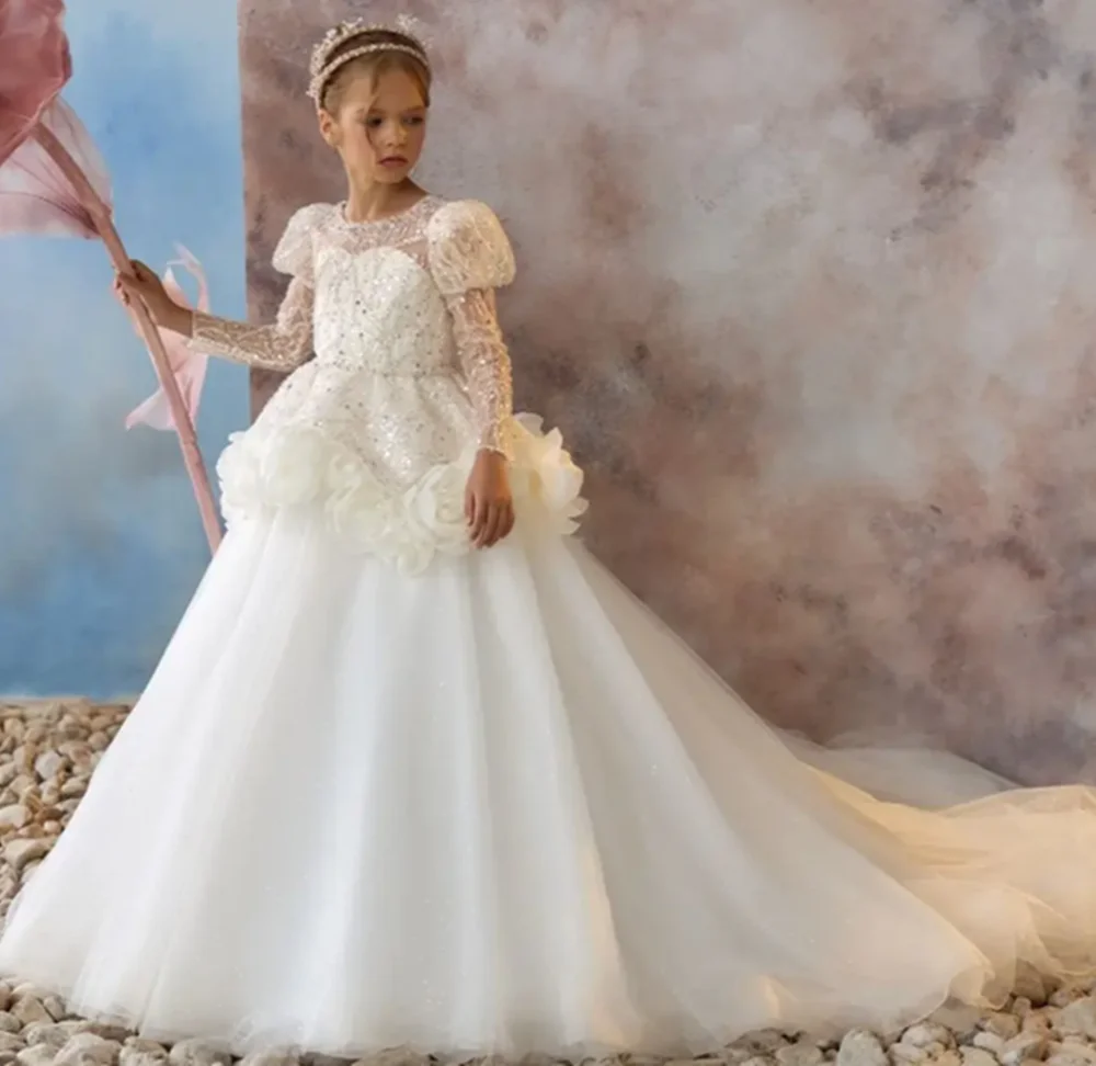 

White Sequined Flower Girl Dresses For Wedding Customized Long Sleeve Litter Kids Baby Birthday Gowns First Communion Dresses