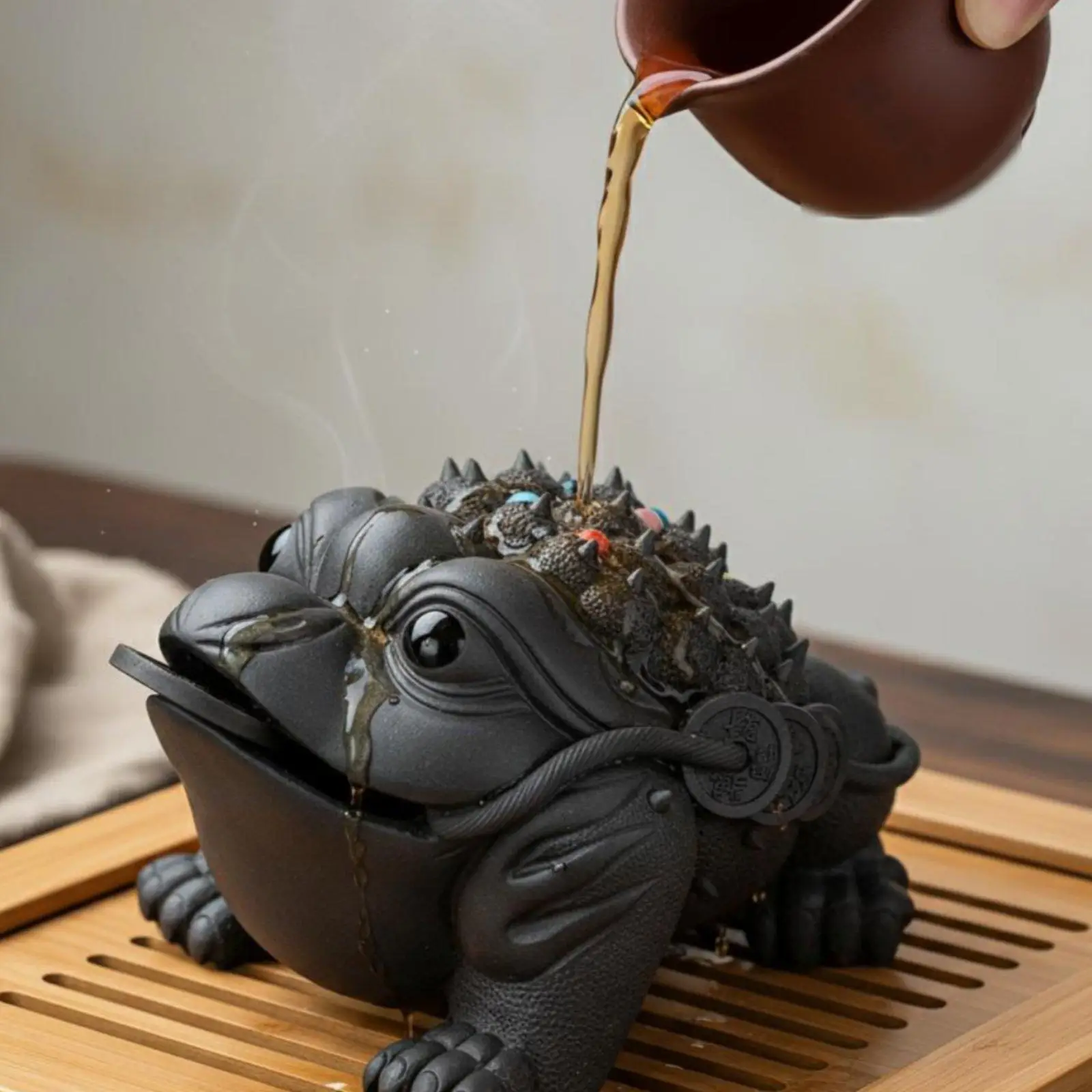 Tea Pet Wealth Symbol Three Legged Frog Handmade Deep Clay Frog Statue for