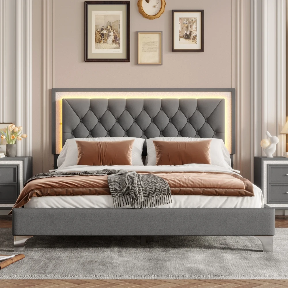 

Queen Size Upholstered Bed Frame with LED Lights,Modern Velvet Platform Bed with Tufted Headboard,Bed Frames