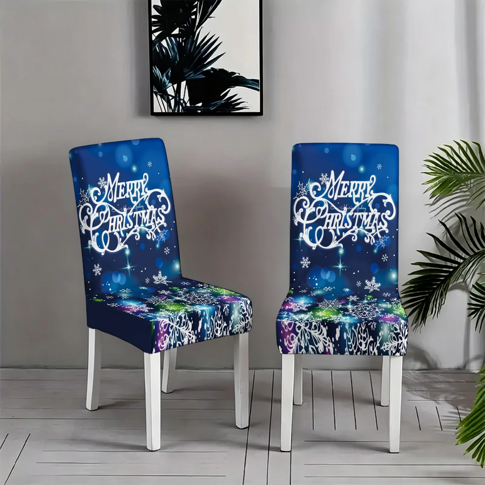 Dark Blue Bokeh Merry Christmas Cursive Letter Colorful Snowflake Full Print Dining Chair Slipcover Stretch Xmas Chair Cover