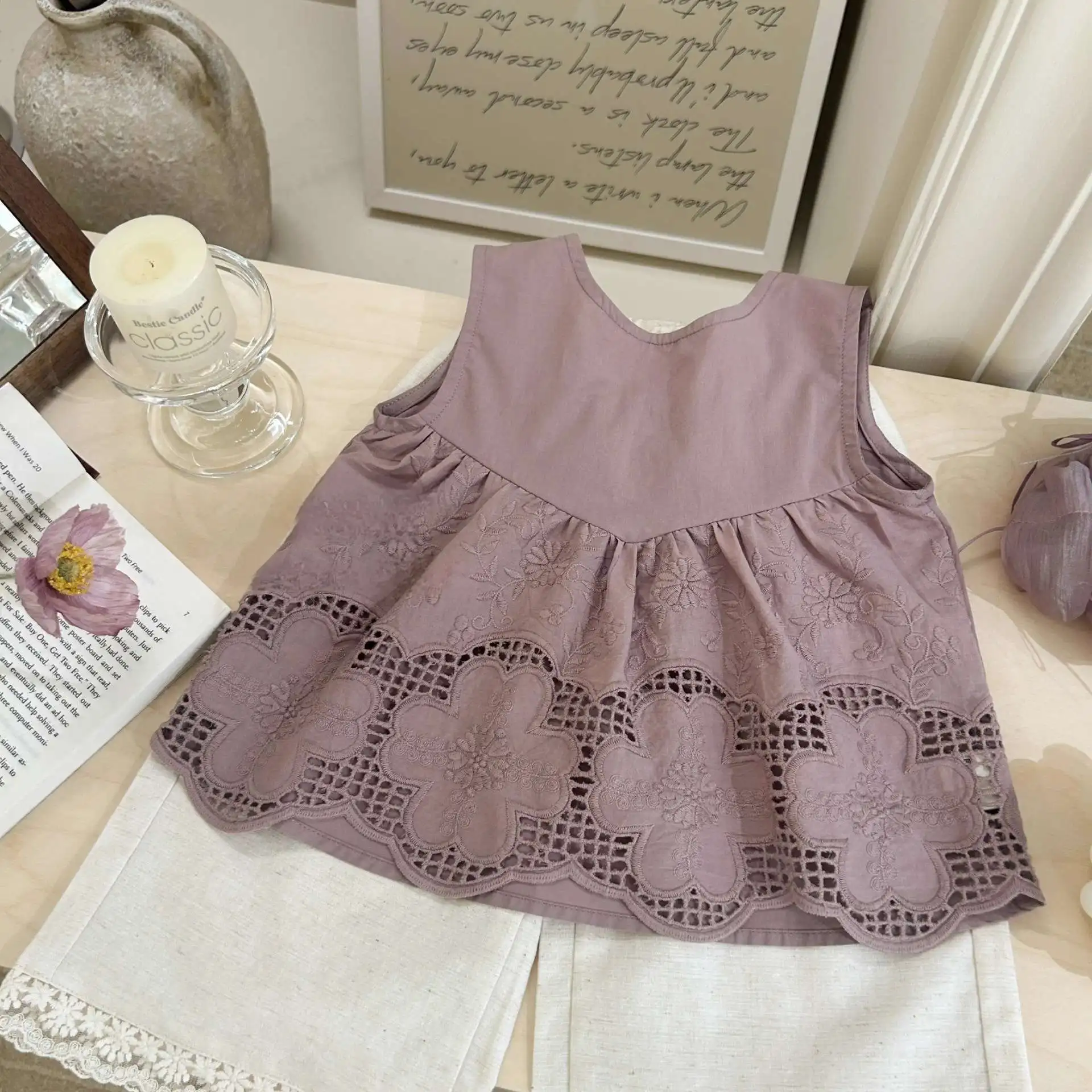 Girls Summer Clothing Sets Children's Sleeveless Undershirt Doll Shirt + Baby Lace Edge Anti-mosquito Wide Leg Pants 2pcs Sets