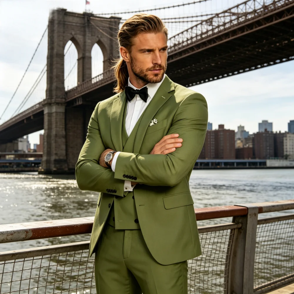 

Тёмно-зелёный мужской костюм-тройка Slim Fit с лацканами для жениха, свадьбы, делового мероприятия: пиджак, брюки, жилет