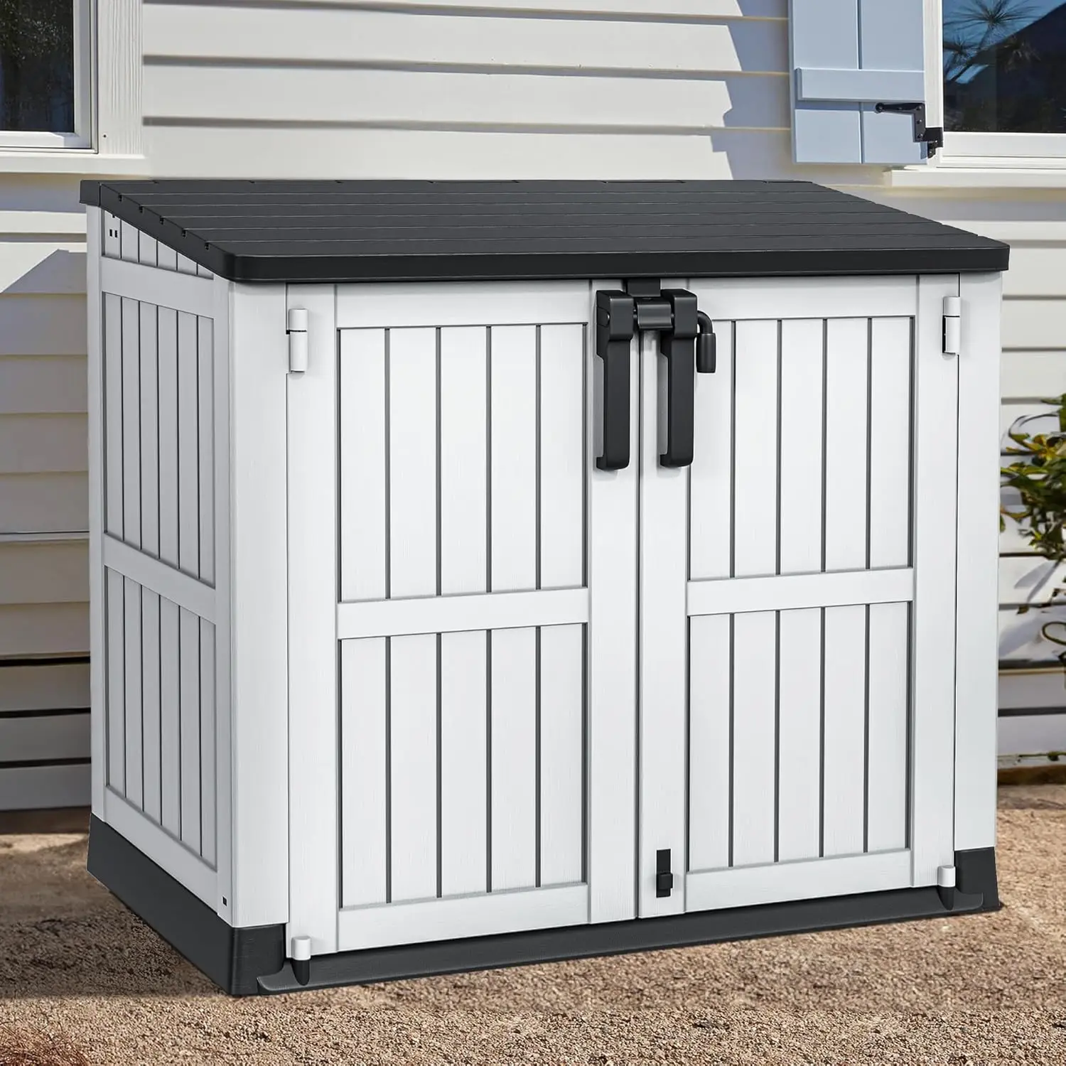 36 Cu Ft Waterproof Outdoor Horizontal Storage, Weather-Resistant Utility Shed W/ Air Vent for Trash & Lockable Doors, USA