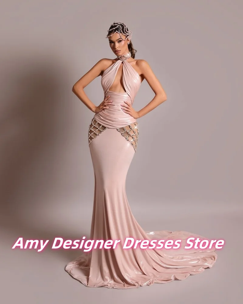 Jasnoróżowe Sukienki Wieczorowe Syrenka Bez Rękawów typu Halter dla Kobiet, Seksyjne Sukienki na Wesele z Wycięciami, Suknie Balowe, Luksusowe, Szyte na Miarę